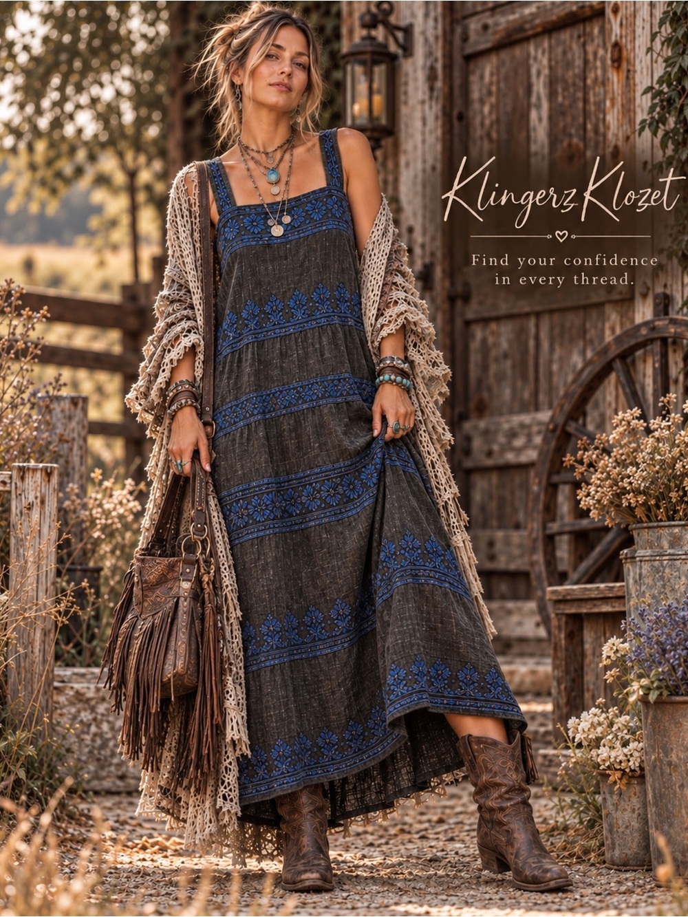 Boho Maxi Dress in Charcoal with Blue Embroidery